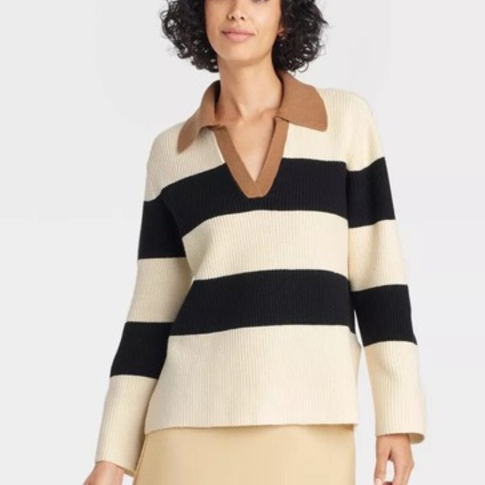 A New Day Black Striped Polo Pullover Sweater/NWT/L